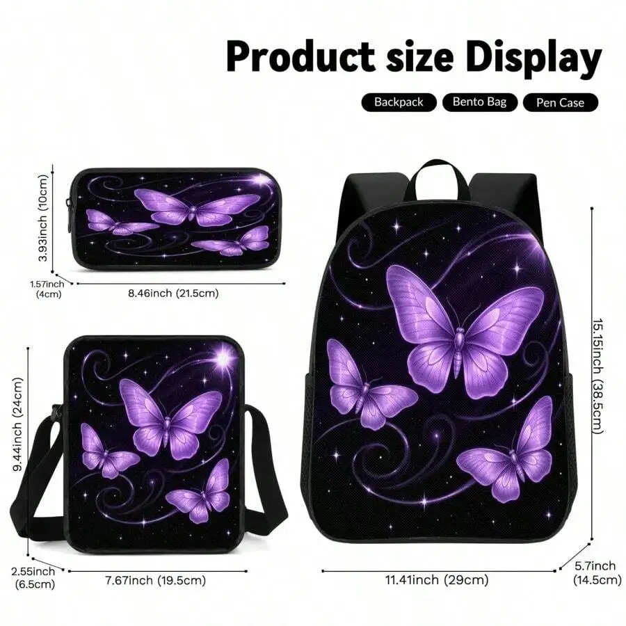 

3pcs Set Purple Butterfly Print Backpack Messenger Bag Pencil Case For Adults