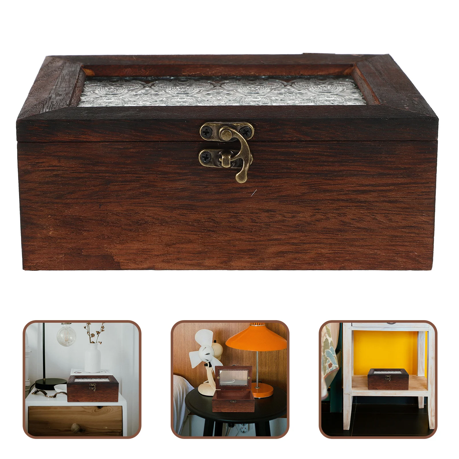 

Wood Jewelry Organizer Glass Glasses Display Case Top Vintage Treasure Chest Box For Collectibles Display Storage Case