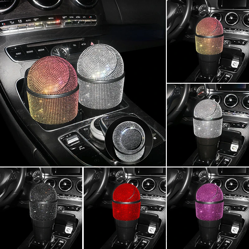 

Car Trash Can Crystal Diamond Auto Dust Case Storage Bottle Holder Sealed Garbage Bin Pressing Type Car Accessories for Woman