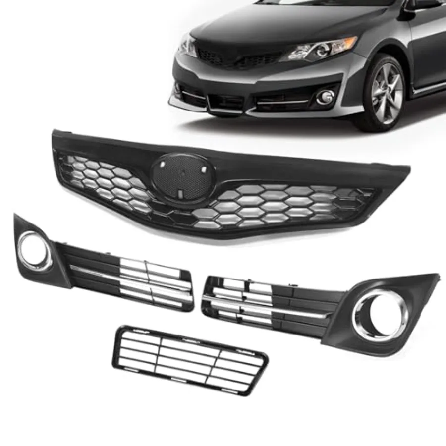 

Front Bumper Upper Lower Grille Fog Lights Cover Bezel Fit For 2012 2013 2014 Camry SE Black Hood Mesh Grill Assembly Replacem