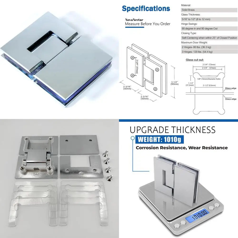 

Heavy Duty 180 Degree Brass Glass Door Hinges, Short Back Plate Hinges for Shower Door Hardware Replacement, Fits 5/16 to 1/2 Th