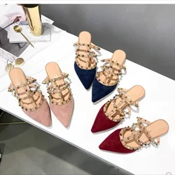 Women Size 33 Sandals Summer Moroccan Slippers In Flat Slide Mules Flock Pointy Toe Lock Studs Straps Shoes For Summer 2-48 29cm