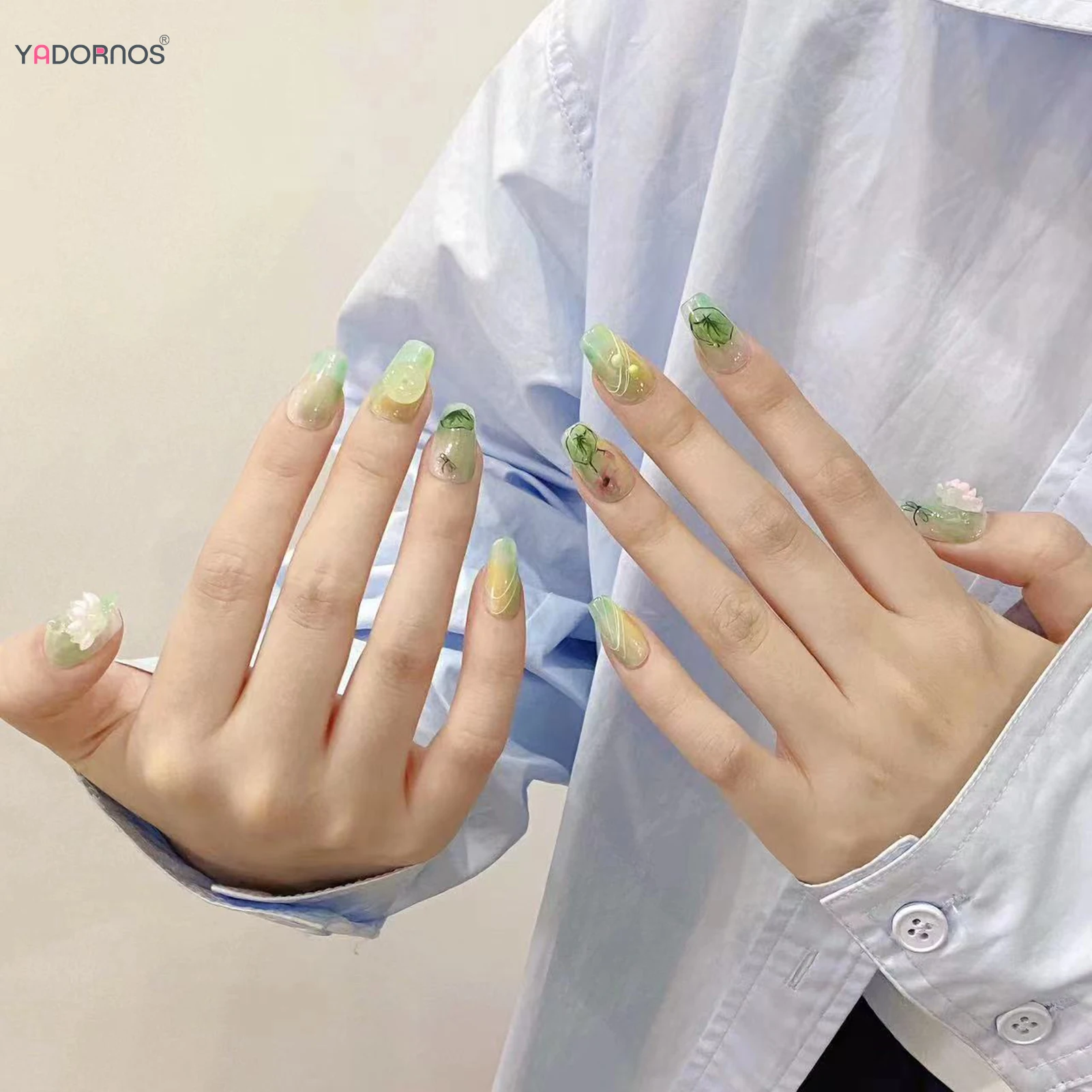 Uñas postizas de loto hechas a mano, 10 piezas, Color verde claro, diseños de libélula, uñas postizas de estilo chino para manicura DIY