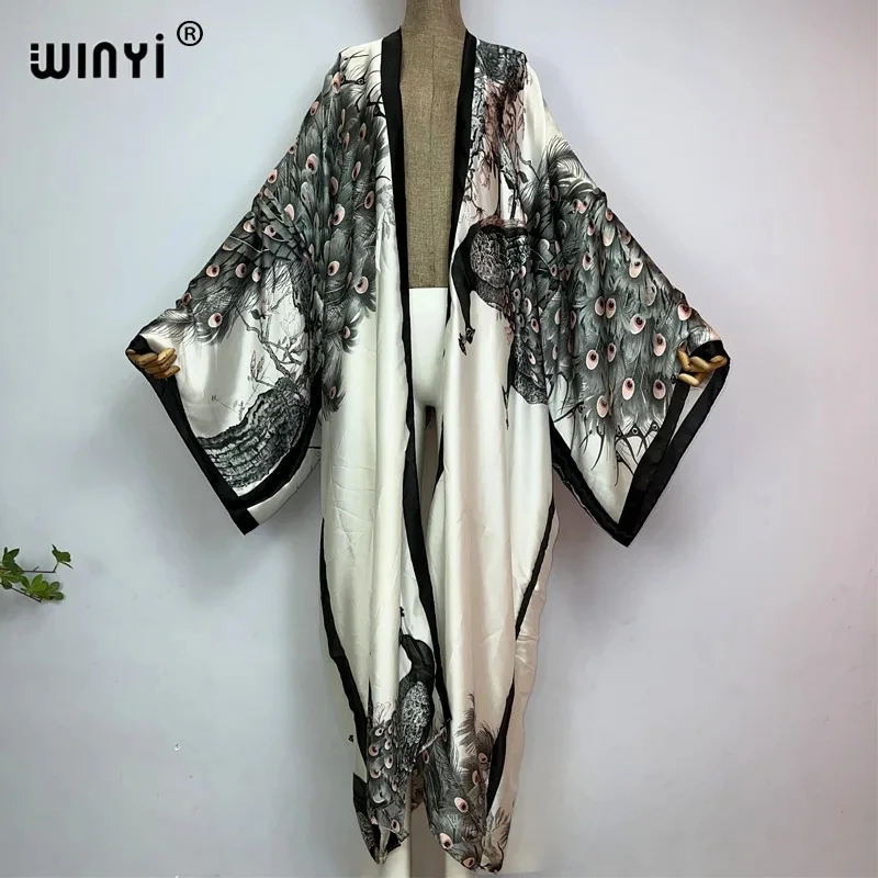 WINYI Summer Classic peacock print kimono African Women Cardigan sexy Boho Maxi Holiday long Sleeve Silk feeling dress kaftan