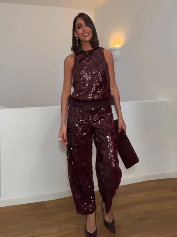 Women Sequin Pant Sets Faux Fur Patchwork O-neck Sleeveless Backless Vest Wide Leg Pant Suit 2026 Lady New Commute Street Outfit