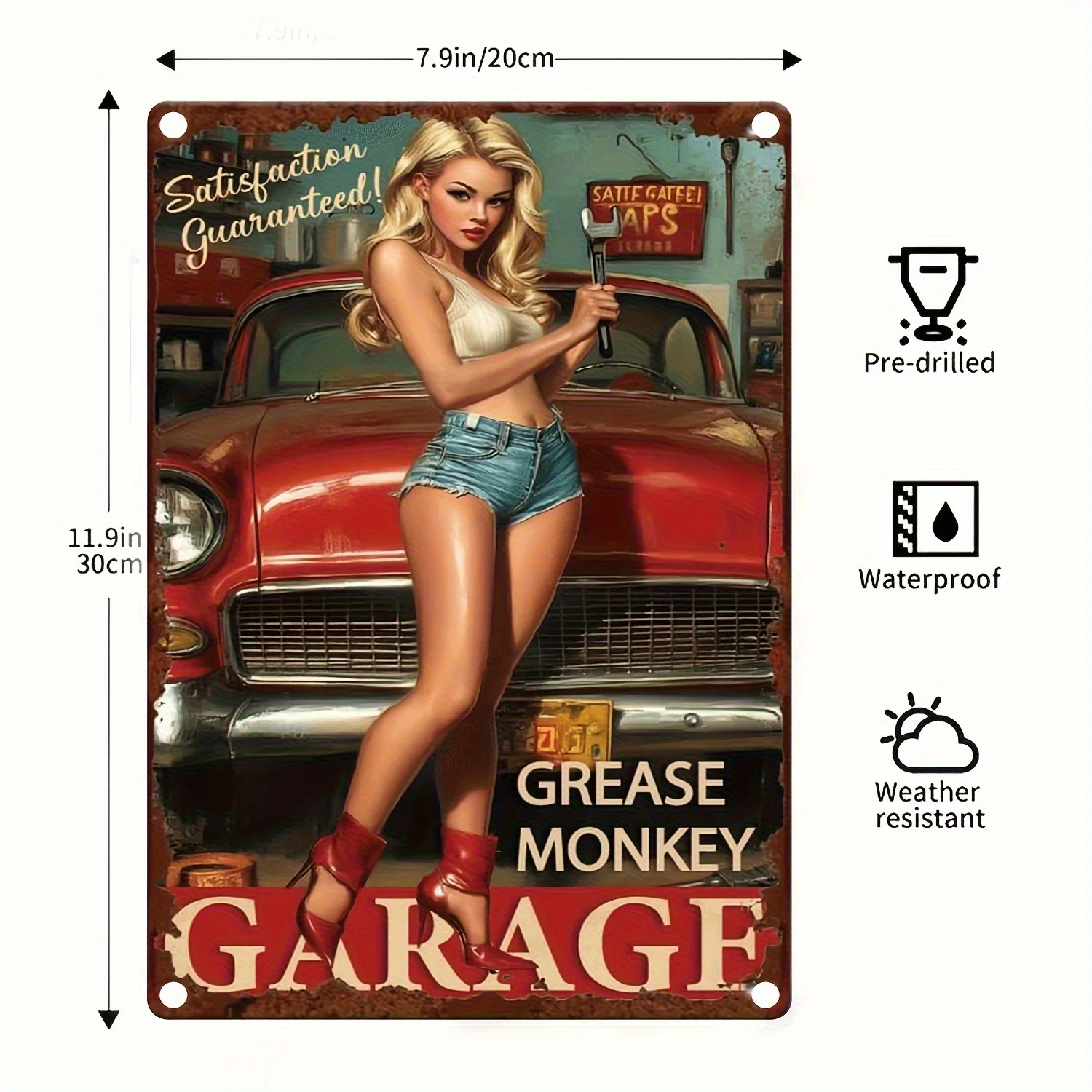 Retro Grease Monkey Metal Tin Sign-Vintage Mural for Classic Cars and Women, Solid Iron Structure, es, Suitable for Home Bar Or