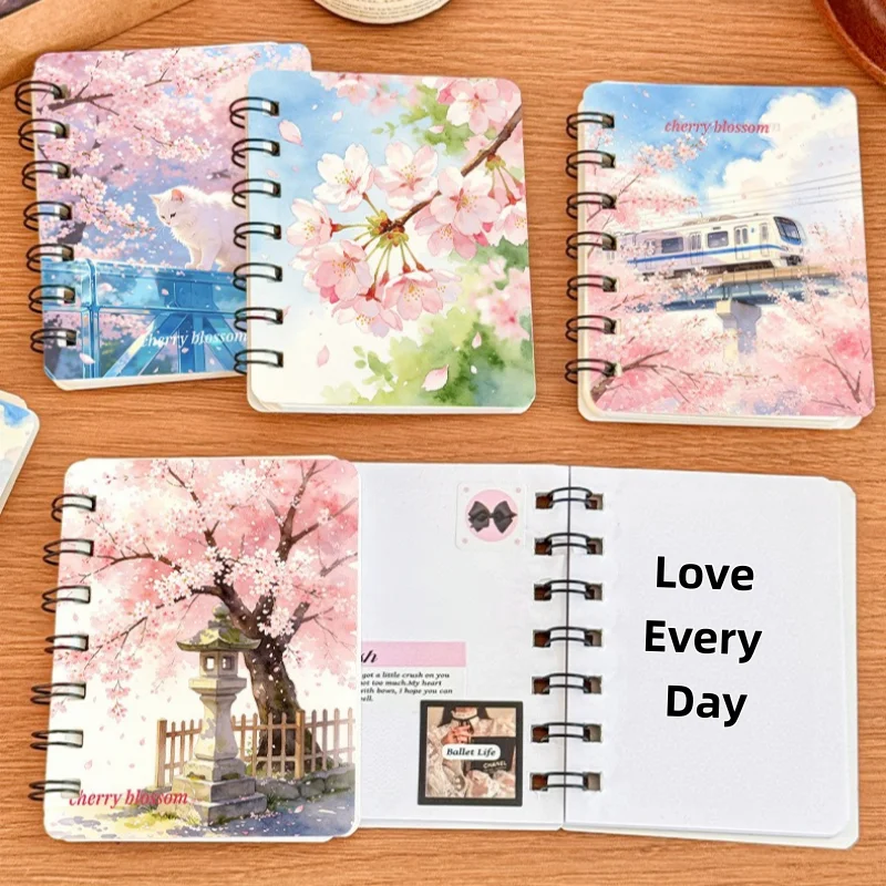 4pcs A7 Cherry Blossom Spiral Notebook Mini Portable for Students Artistic Blank Stationery Learning Gift