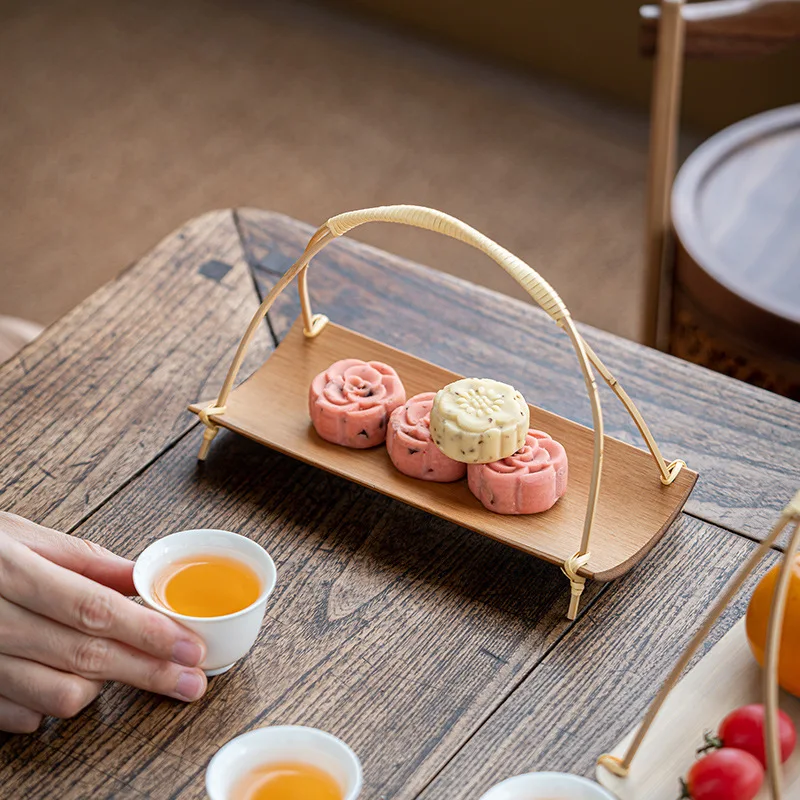 Handmade Bamboo Basket With Handle Towel Holder Mini Snack Dried Fruit Plate Oriental Kung Fu Tea Ceremony Pastry Serving Tray
