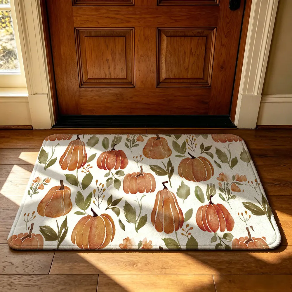 1pc watercolor pumpkin leaf pattern entrance door mat flannel silicone dots plastic anti-slip floor mat fashion home decorati