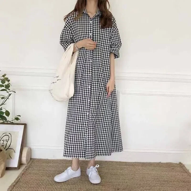 

Summer Women's Cotton Linen Dress Fashion Plaid Dress Lapel Shirt Dress Women's Long Loose Casual Dresses for Women 2025