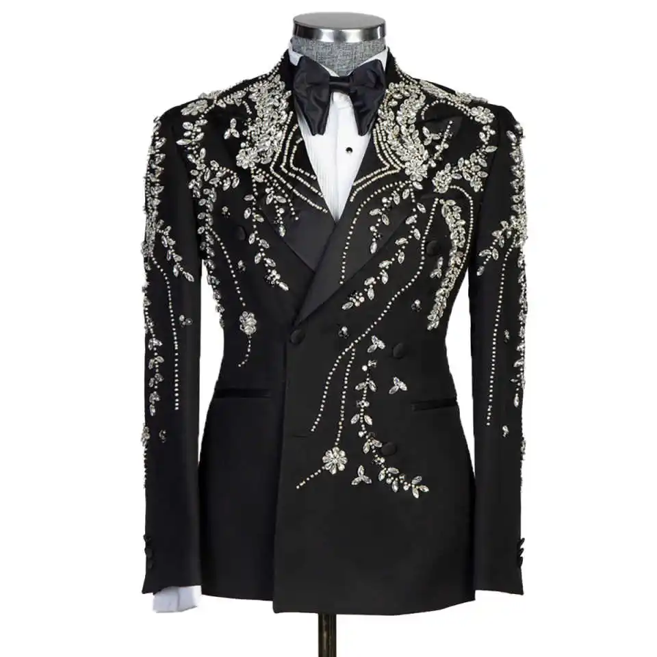 الفاخرة الرجال الدعاوى 2 قطعة مجموعة مزدوجة الصدر الماس بلورات الزفاف العريس سهرة الأعمال الخاصة مأدبة حفلة موسيقية مخصصة