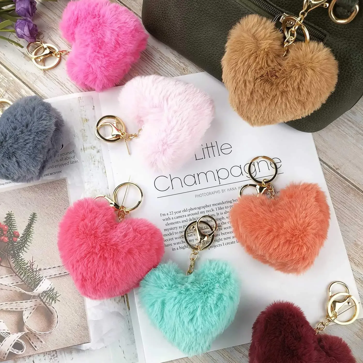 12PCS Colored Pom Pom Keychain Bulk Heart Fluffy Fur Puff Ball Key for Women Key Chain Love Keyring