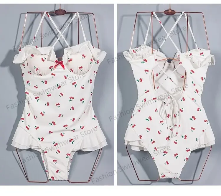 Women One Piece Swimsuit Push Up Vintage Monokini Bandage Back Cherry Print Swimwear Summer Beach Bodysuit Flouching Girl Bikini