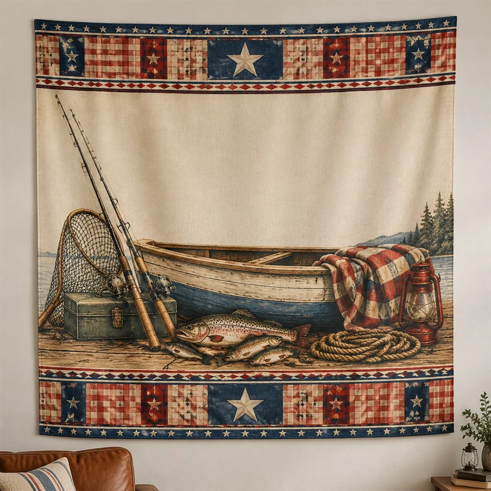 VIKAMA Fishing Still Life Twin Bands Tapestry Wall Hanging, American Wall Decor Tapestries for Living Room Bedroom Office Study