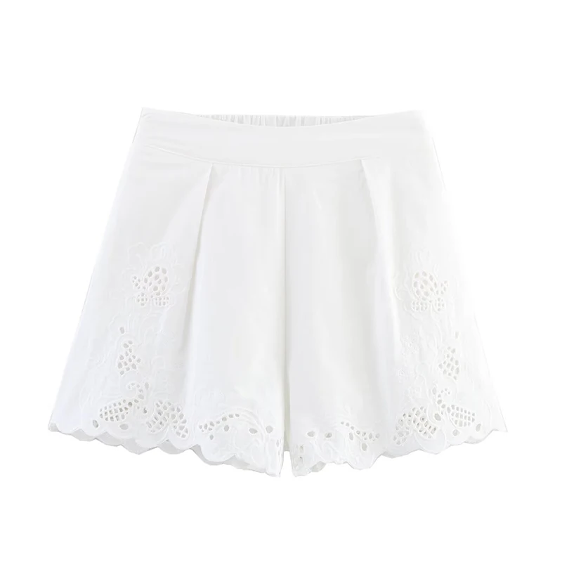 YENKYE Fashion Hollow Out Embroidery Pleated White Shorts Women High Waist Casual Summer Pantalones Cortos