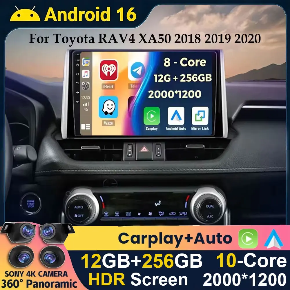 Android 16 Carplay Auto Car Radio For Toyota RAV4 XA50 2018 2019 2020 GPS Navigation Multimedia Video Player 4G WIFI 360 Camera