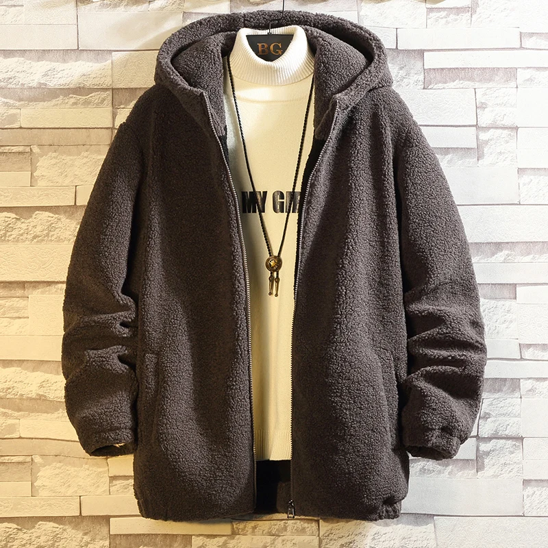 

Jacket Men's Lamb Fleece Thickened Warm Zipper Hooded Solid Color Autumn and Winter Trendy Simple Fashion Versatile Loose Casual