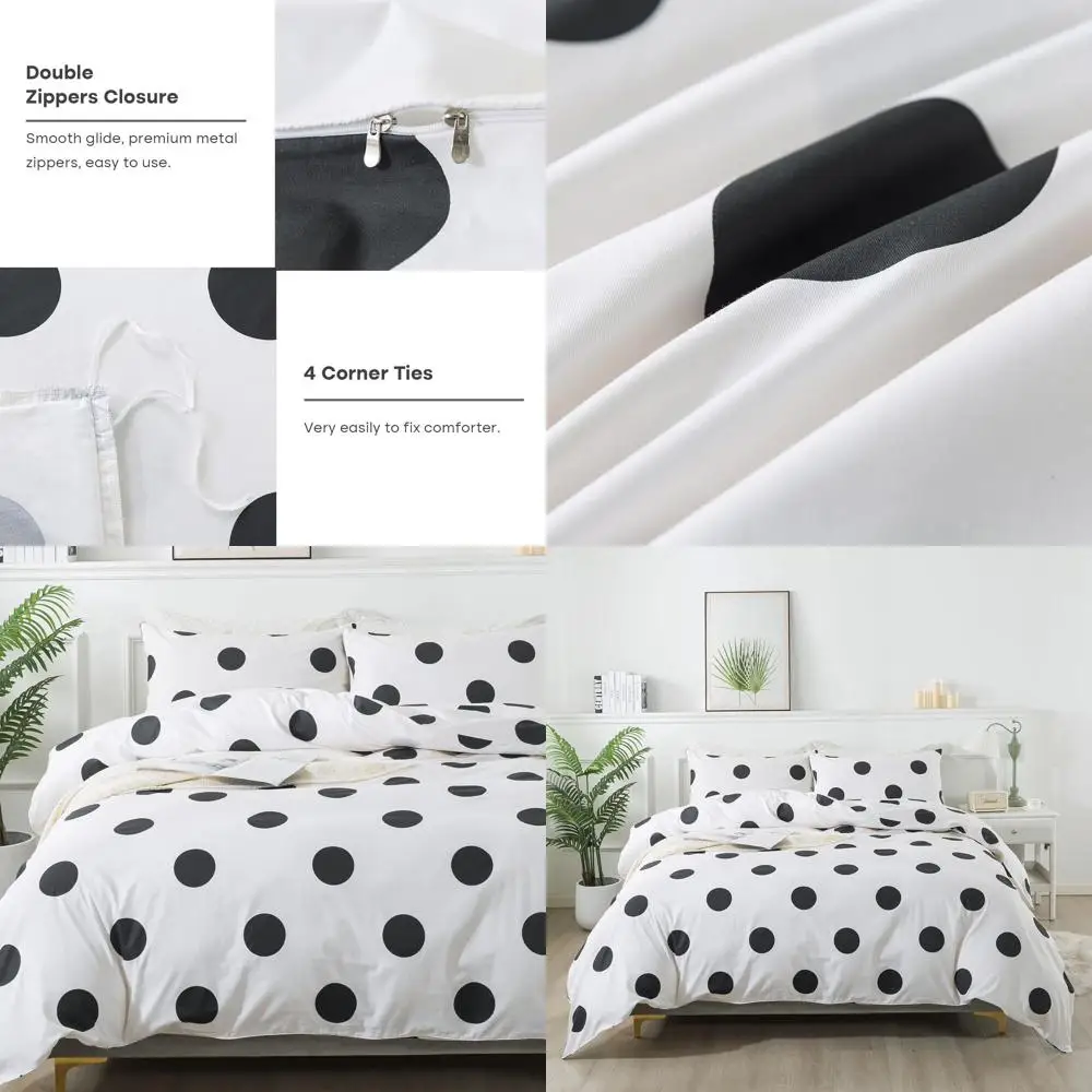 

King & Cal King Polka Dot Cotton Bedding Set: 3-Piece Black & White Comforter Cover, Pillowcases