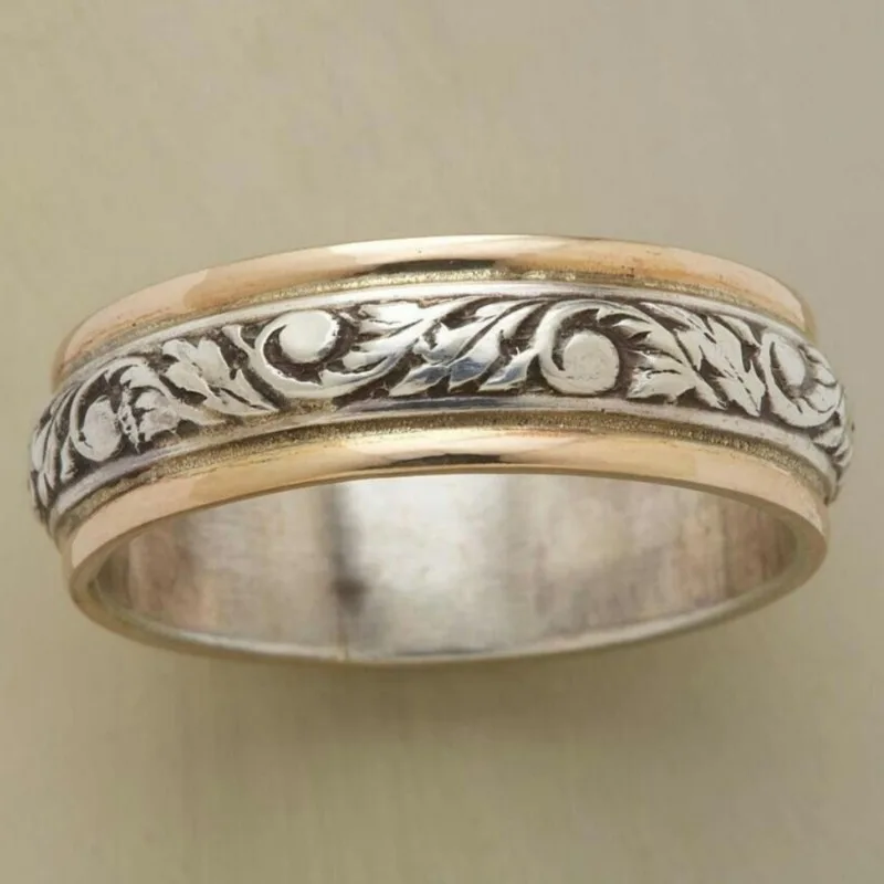 

Ethjnic Hand Carved Women's Ring Vintage Two Color Metal Geometry Daily Wear Party Jewelry Anniversary Gift