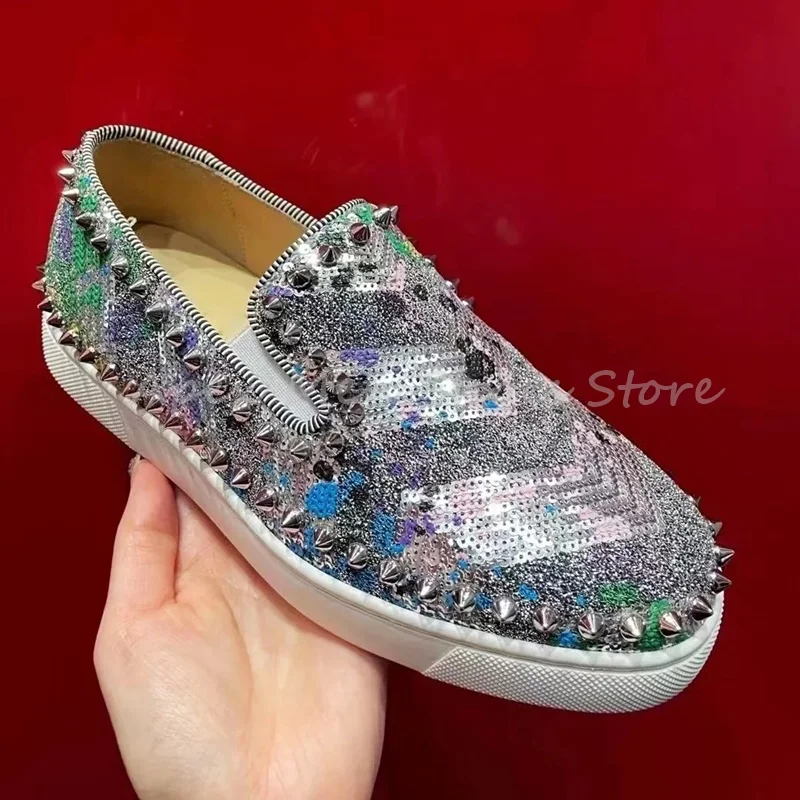 

Men's Sparkly Studded Colorful Loafers Slip On Flat Rhinestone Embroidered Casual Shoes Couple Silver Sequins Female Shoes
