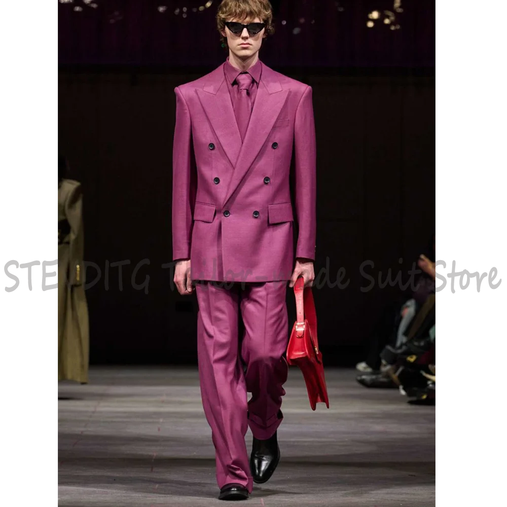 Oversized Men 2 Piece Suit Wide Shoulder Double Breasted Peak Lapel Blazer Pants Wedding Prom Party Formal Costume Homme Outfit