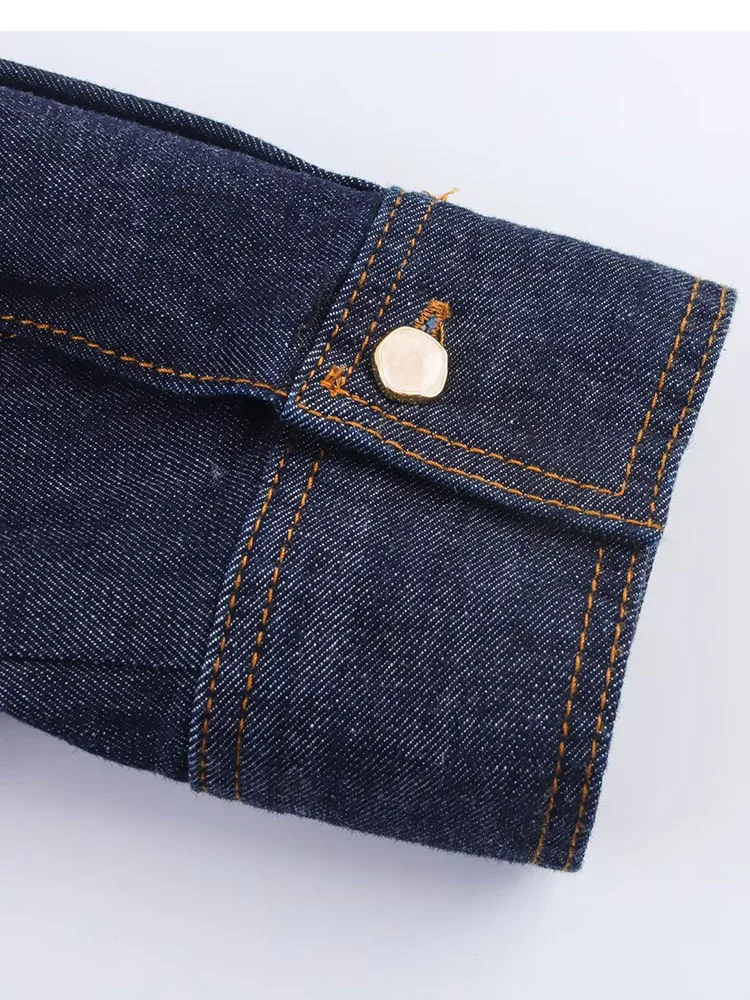 2025 frauen Herbst Denim Shirts Kleid Vintage Solide V-ausschnitt Langarm Dünne Weibliche Elegante Straße Plissee Kleider Kleidung