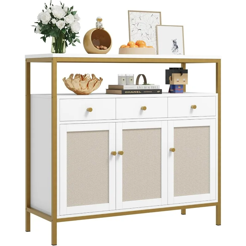 Buffet Cabinet with Storage, Kitchen Cabinet with Rattan Doors and Drawers, Sideboard Storage Cabinet