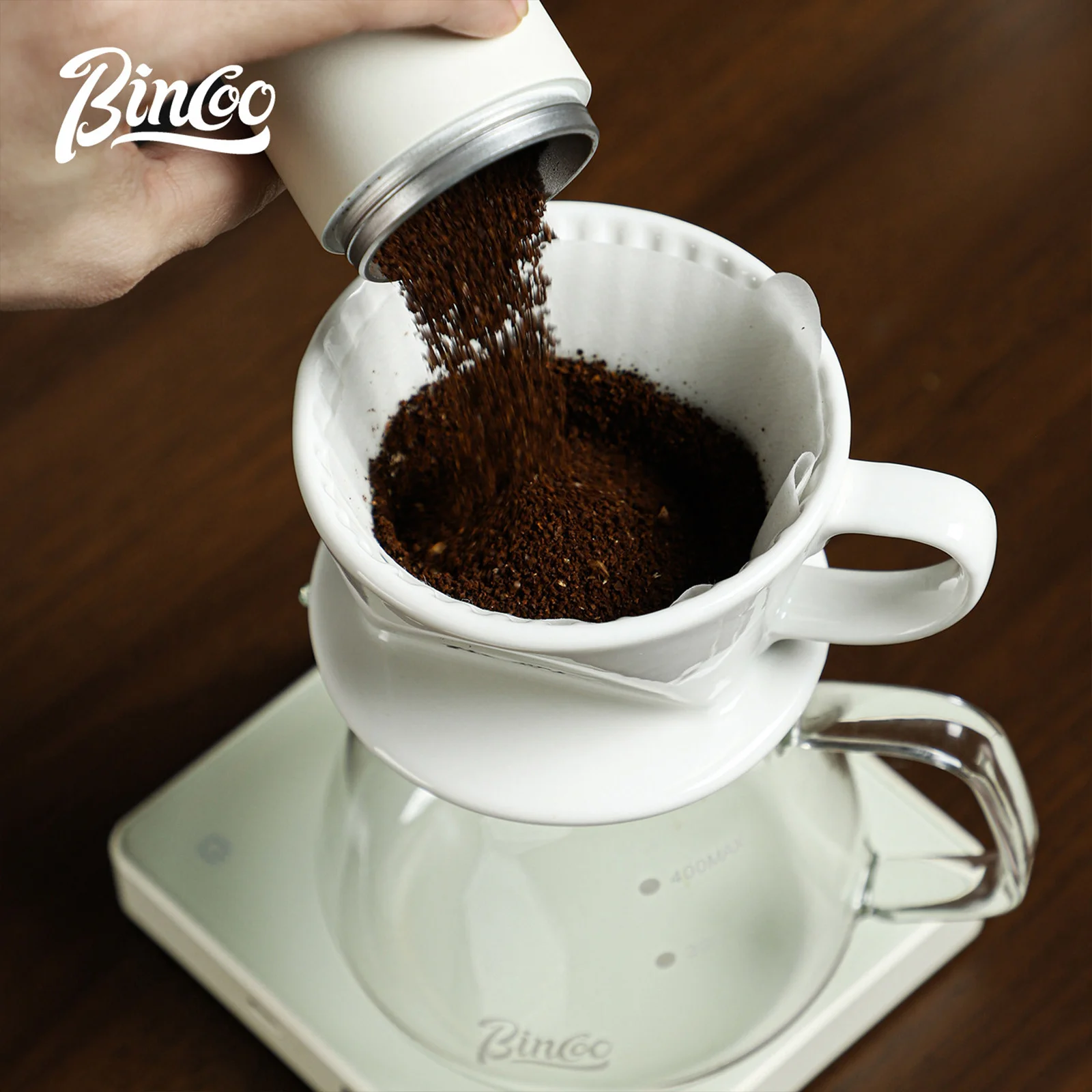 Bincoo Ceramic Trapezoid Coffee Dripper – Fan-Shaped 3-Hole Pour Over Filter Cone, Bonus 50PCS Filter Paper Included