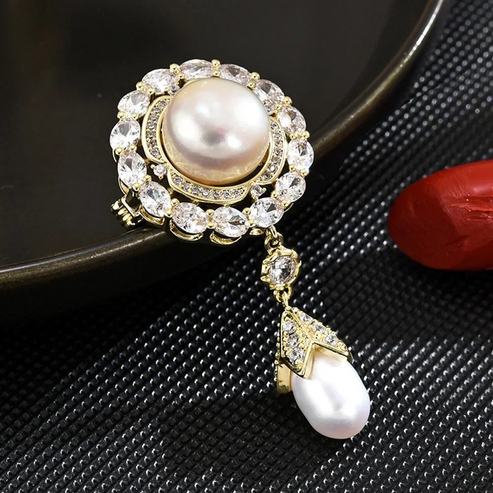 Women's Pearl Pendant Brooch New Copper Micro Inlaid Zircon Brooches Buckle Accessories Clothing Dress Anti-slip Safety Pins