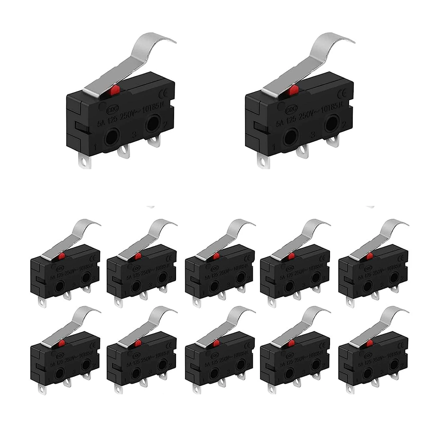 10ชิ้นสวิตช์จำกัดที่มีแขนลูกกลิ้งชั่วขณะ AC 250V 5A SPDT 1NO 1NC สแน็ปอิน3pin ปกติเปิดสวิตช์จำกัด