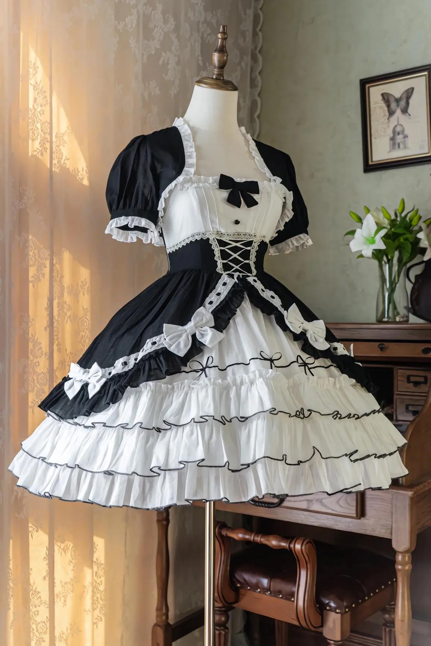 

Elegant Black White Lolita Skirt Set Dog Short Shoulder Jsk Dress Puffy Princess Skirt Fashionable Ensemble Women's Clothing