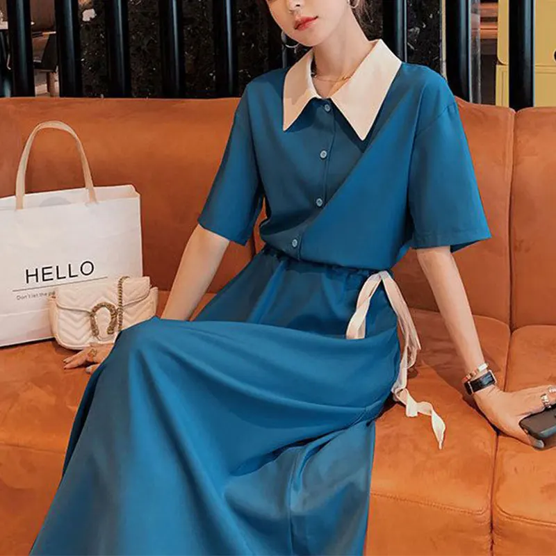 Women\'s Spring and Summer Fashion Office Lady Simplicity Polo Collar Long Sleeve Dresses Women Clothes Casual Elegant Long Dress