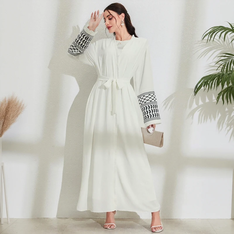 

Eid Islamic Modest Dress for Women Abaya Lace-up Sleeve Prayer Dress Casual Ramadan Vestidos Prayer Kaftan Muslim Long Robe