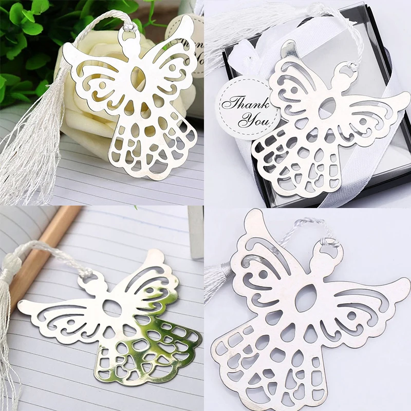 1pc Stainless Steel Silver Guardian ANGEL Bookmark Tassel Page Marker Ribbon Box