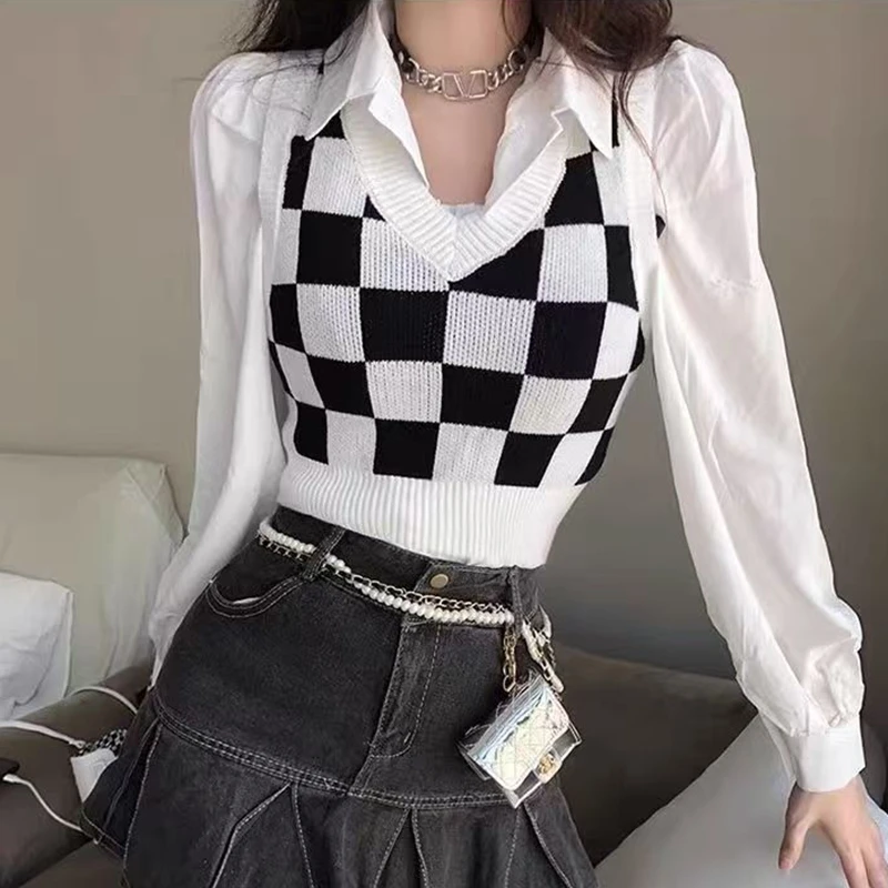 Otoño Invierno mujer suéter chaleco abrigos a cuadros con cuello en V sin mangas prendas de vestir exteriores Crop Top negro blanco