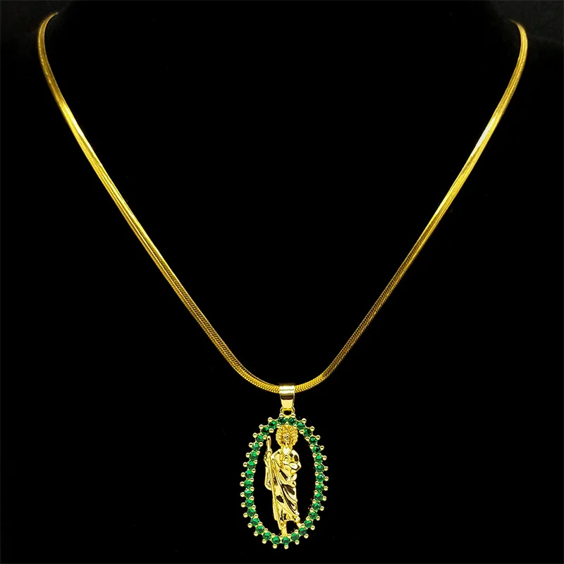 San Judas Tadeo Pendant Necklace Women Men Saint Jude Thaddeus Stainless Steel Copper Green Oval Zircon Religious Jewelry Gifts