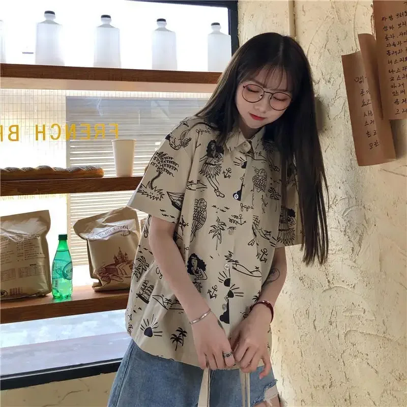 Chemisier à col rabattu pour femme, chemise à manches courtes, imprimé rétro, simple boutonnage, adt Harajuku, streetwear pour étudiants, BF, décontracté, nouveau