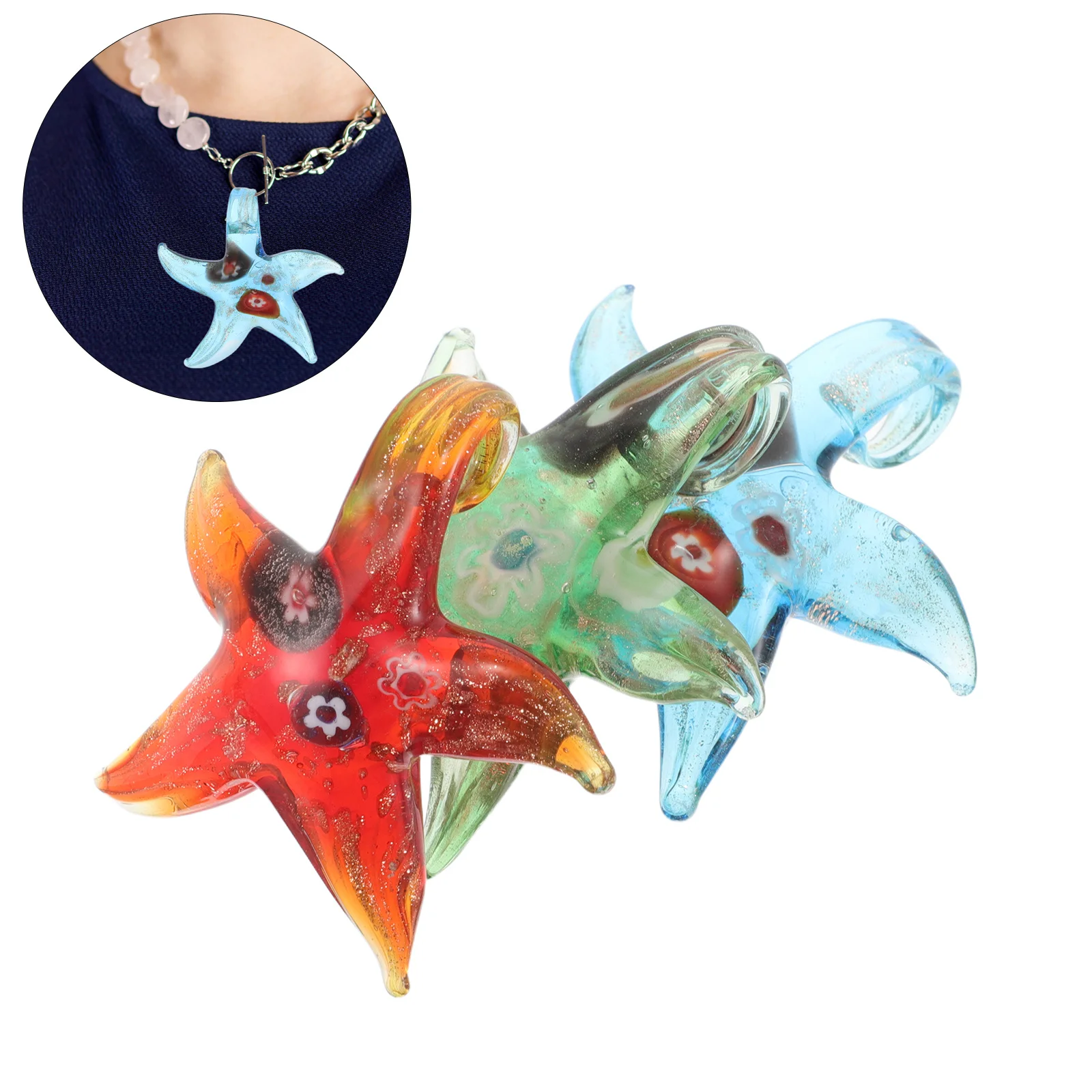 

3Pcs Sea Star Glass Pendant Painted Ocean Animal Necklace Lightweight Summer Beach Jewelry Gift Ocean Beads Glass Pendants