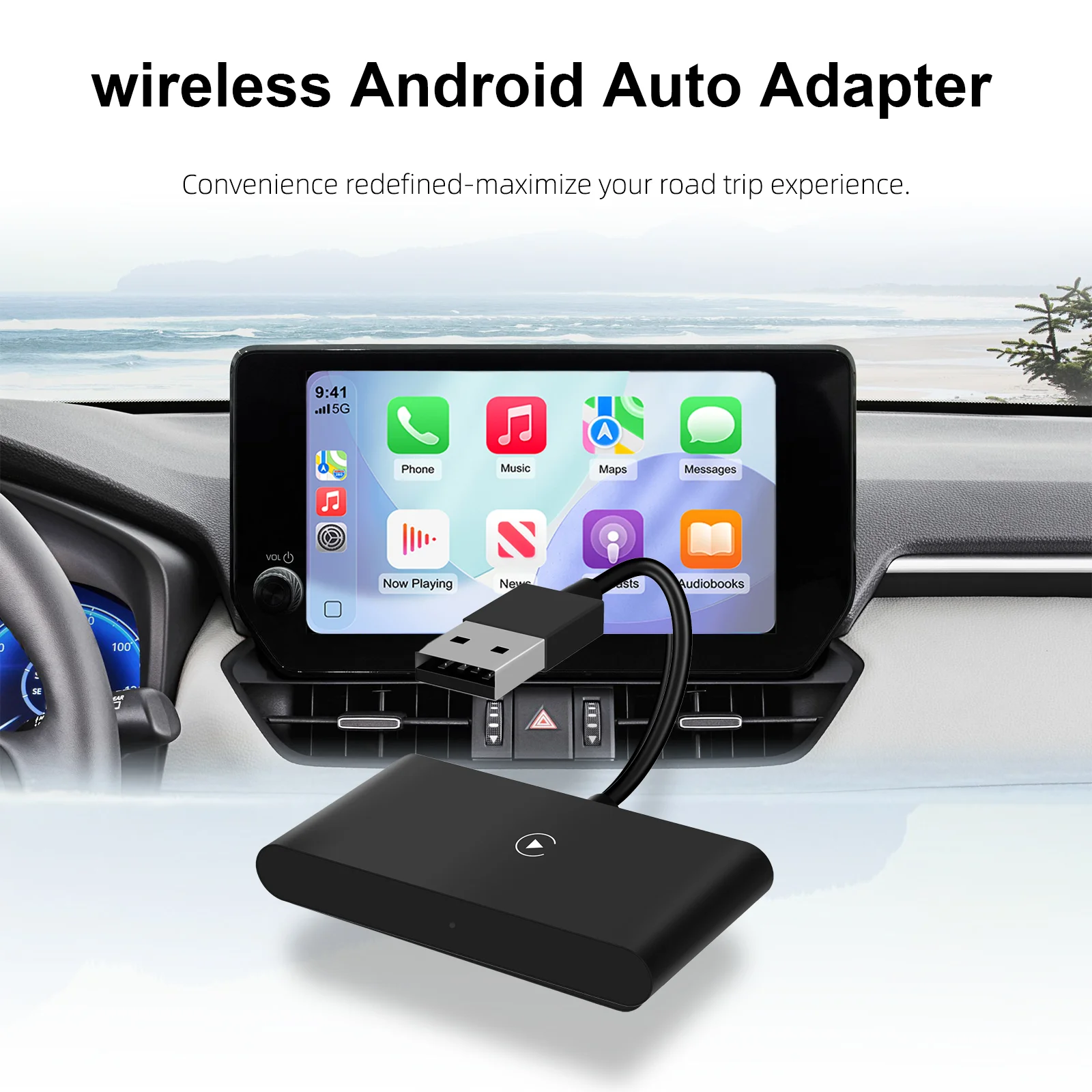 Kabelgebundener zu kabellosem Android Auto-Adapter mit Ambientbeleuchtung, Plug-and-Play, umwandelt OEM kabelgebundenes Android Auto in kabelloses.