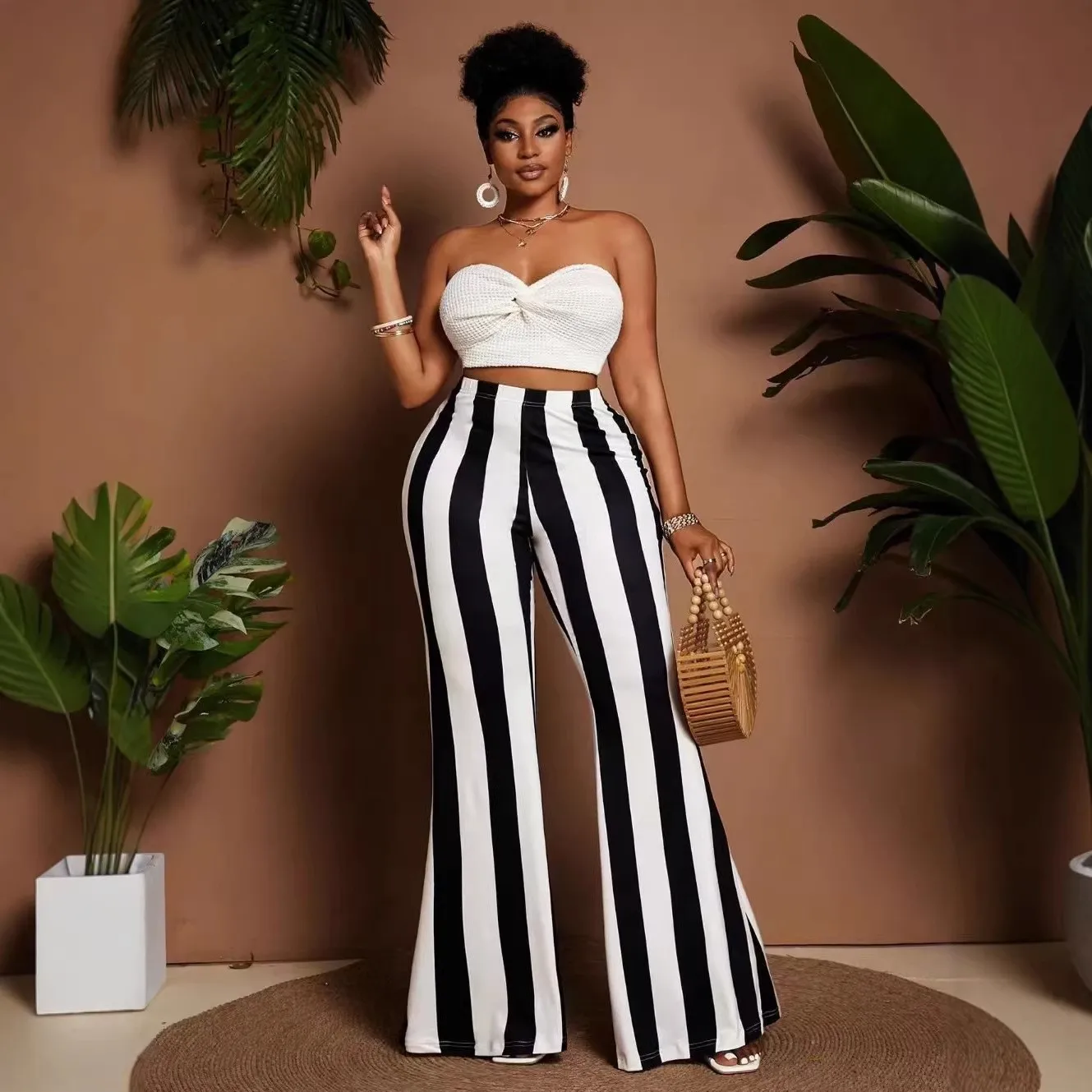 Women's Pants High Waist Digital Print Black And White Trousers Cropped Top Set Stretch Fabric Flared Pants Striped Long Wide