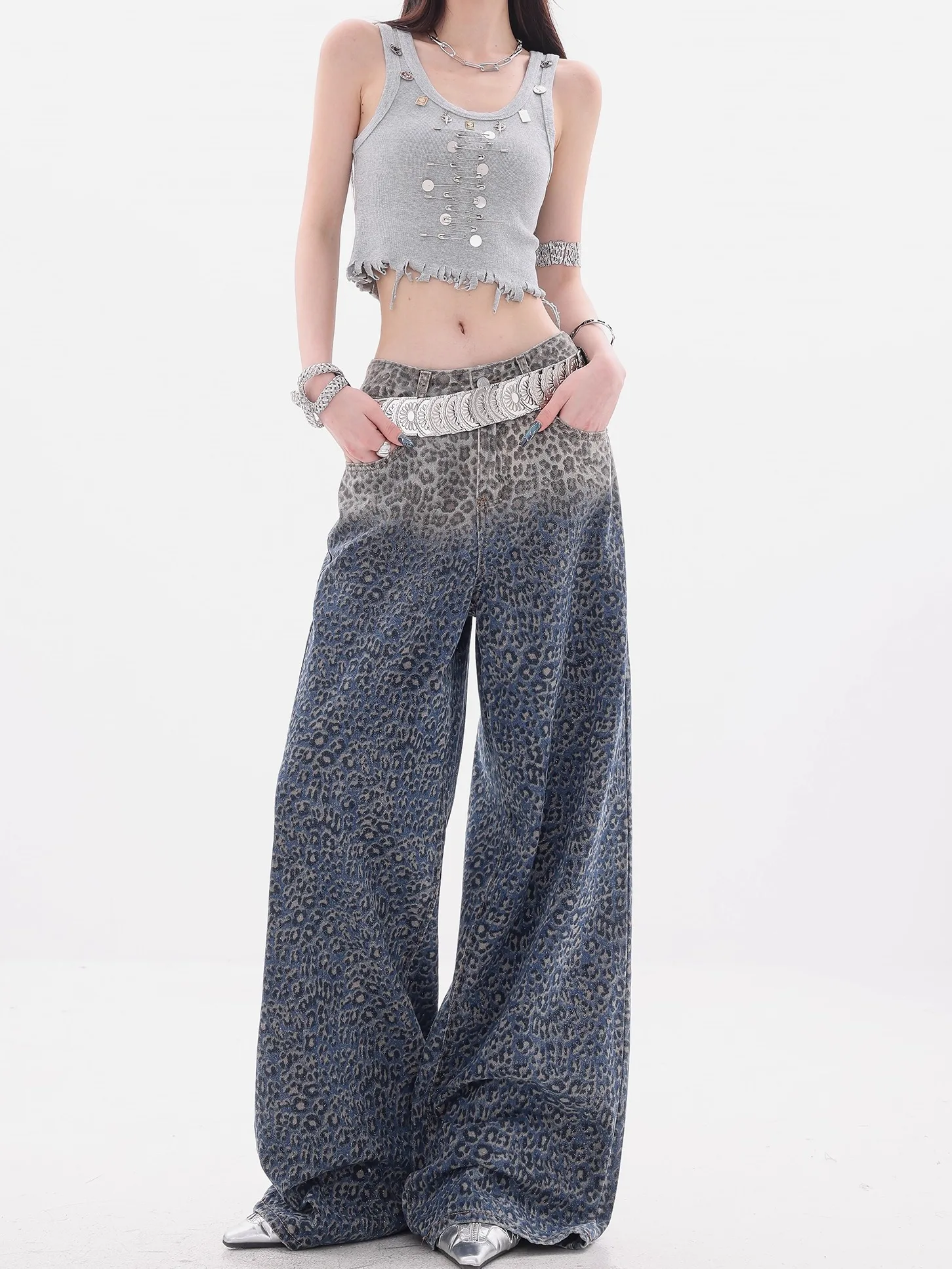 

Осенние леопардовые джинсы с принтом тай-дай для женщин, модные широкие джинсовые брюки с уличным принтом, американские брюки контрастного цвета в стиле ретро