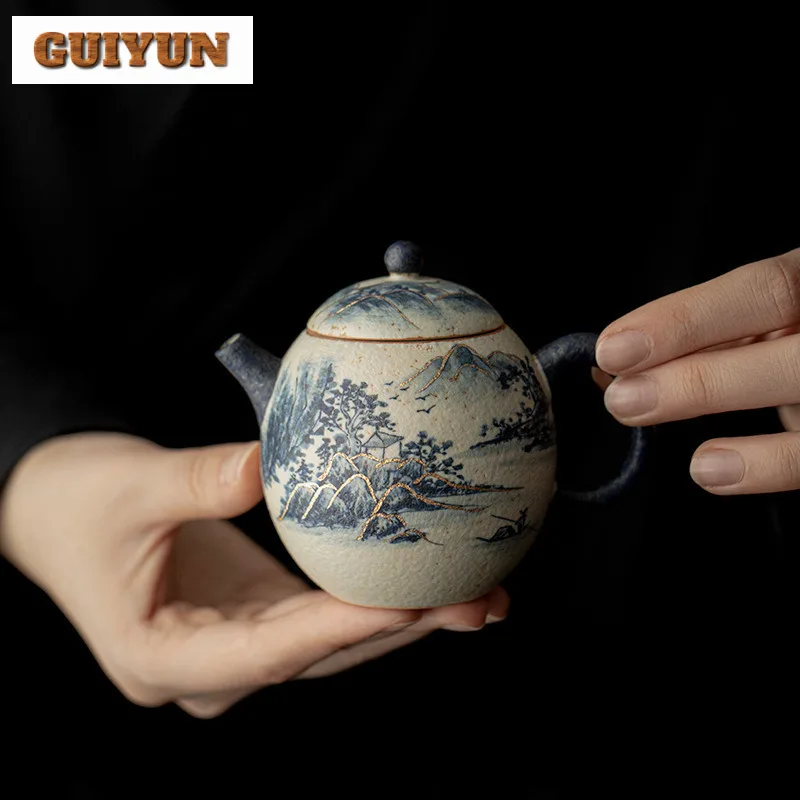 

165ml Hand-painted Blue And White Landscape Teapot Zen Tea Infuser Dragon Egg Pot Tea Maker Kettle With Filter Kung Fu Teaware