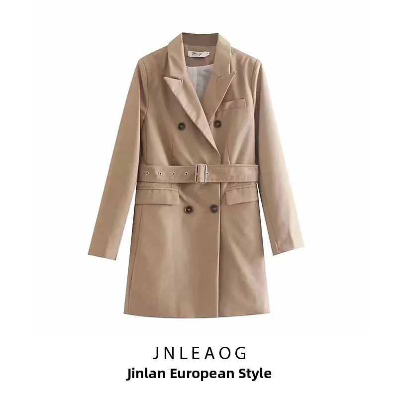 

Модный универсальный костюм-джат средней длины с поясом, двубортная осенняя коллекция, женская одежда JNLEAOG