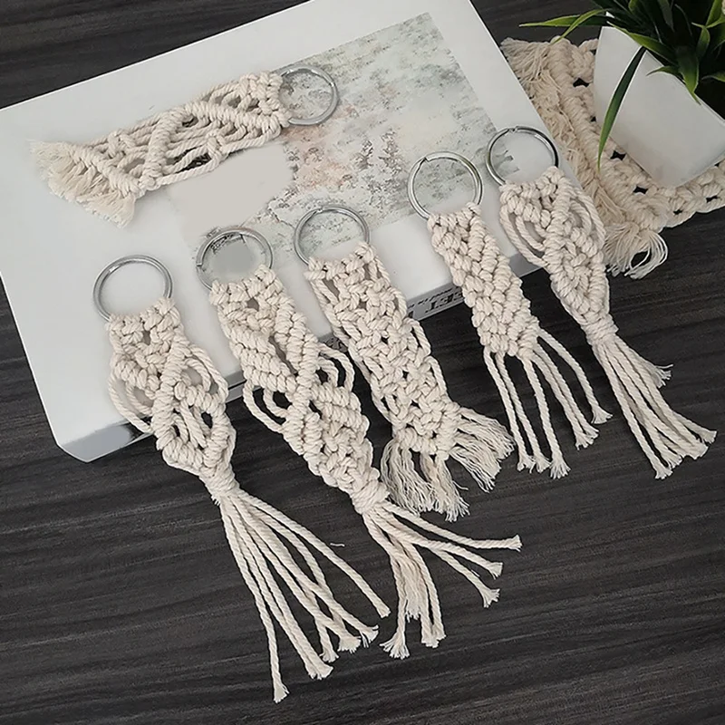 6 piezas Mini llaveros de macramé Boho macramé bolso encantos con borlas lindos accesorios hechos a mano para llavero de coche