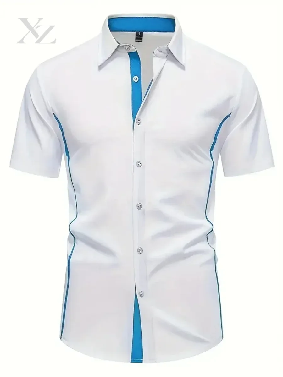 Hot Sale Men's Slim Fit Short Sleeved Color Block Shirt, Comfortable Versatile Summer Top for Daily Office Wear