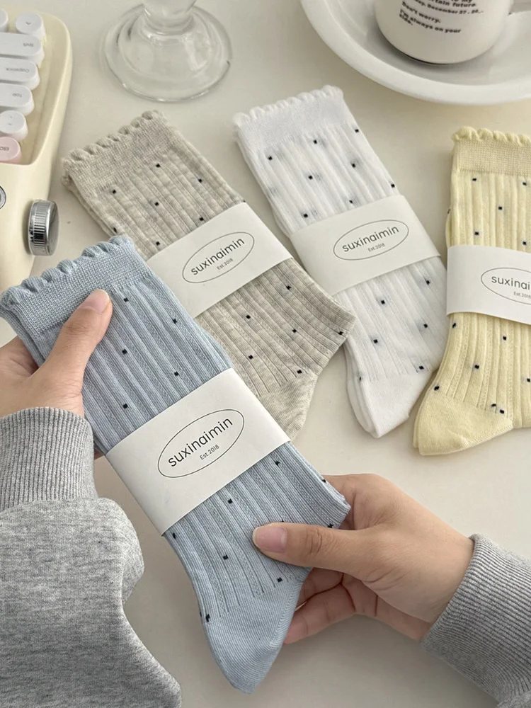Sommerliche Dünne Gepunktete Damensocken Retro Harajuku Baumwoll-Crew-Socken für Frauen und Mädchen Modische Weiche Bequeme Japanische Kawaii Süße Socken