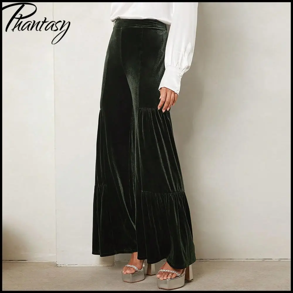 Autumn Winter Velvet Wide-Leg Pants Elegant Ruffled High-Waisted Straight-Leg Pants for Lady Casual Commuter Loose-Fit Trousers