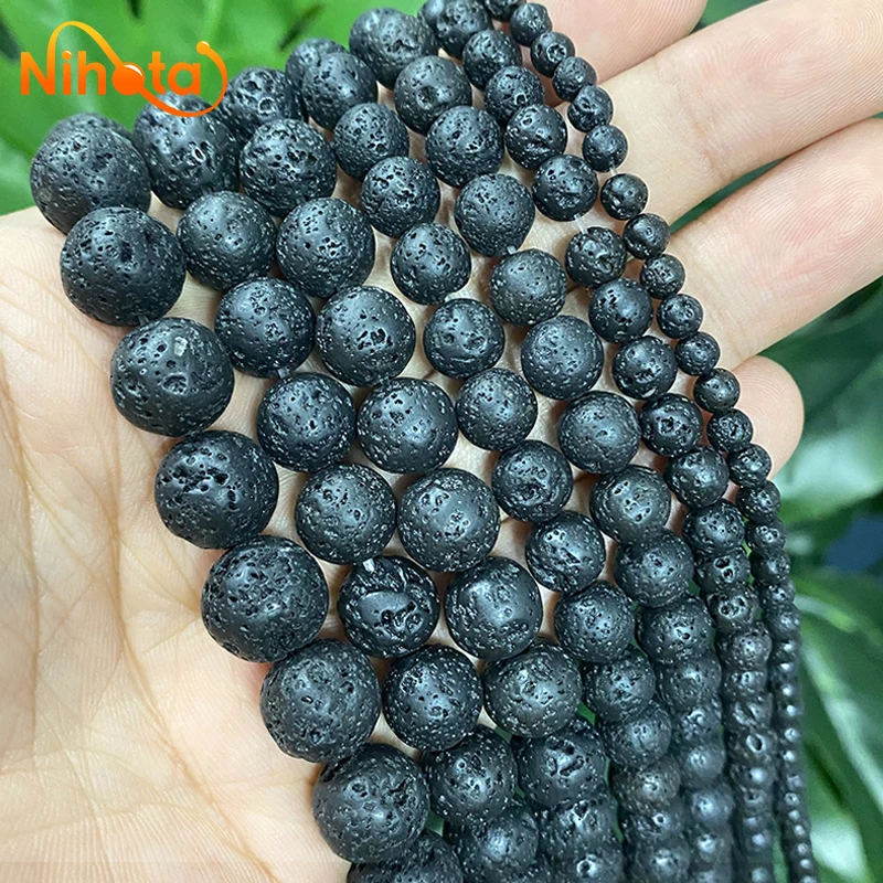 4/6/8/10/12mm Natural Black Volcanic Rock Lava Stone Round Loose Bead DIY Bracelet Earrings  For Jewelry Making 15'' Strand