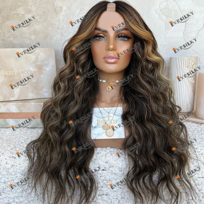 

Full 250Density 100% Human Hair Opening U Part Wigs for Black Women Highlight Brown Blonde Bayalage Loose Deep Wave V Part Wigs