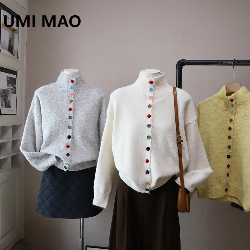 

UMI MAO Top Femme Autumn Winter New Korean High Neck Sweet Age-Reducing Colorful Button Slimming Versatile Cardigan Sweater